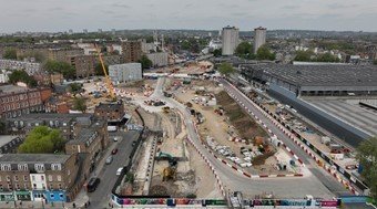 construction work drone shot of HS2 station at Euston
