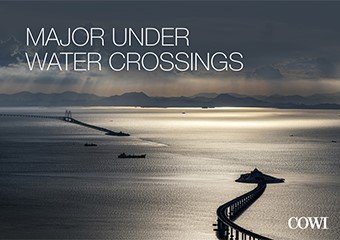 Thumbnail for underwater crossings brochure with a bridge in the sea during sunset